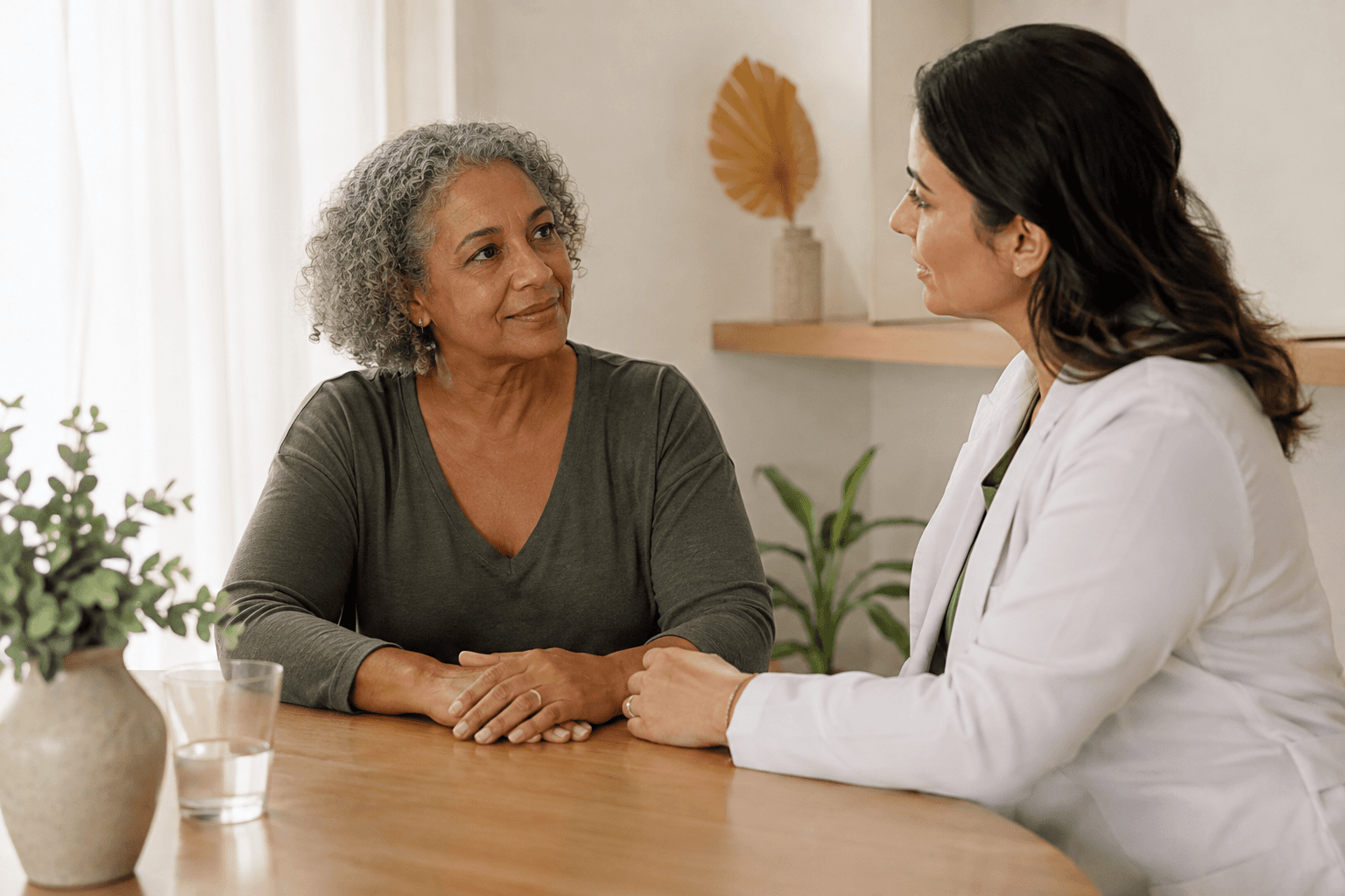 Uma mulher e uma profissional de saúde conversam em um ambiente acolhedor
