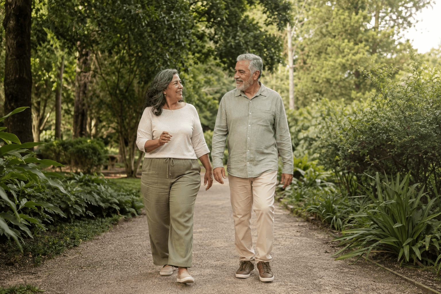 Duas pessoas caminhando juntas em um jardim