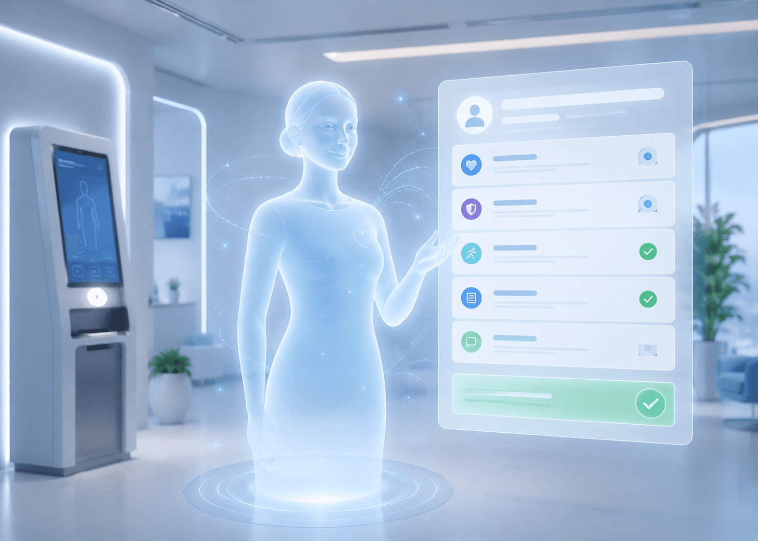 Ambiente da cabine STRATIA com assistente holográfica e painel de triagem